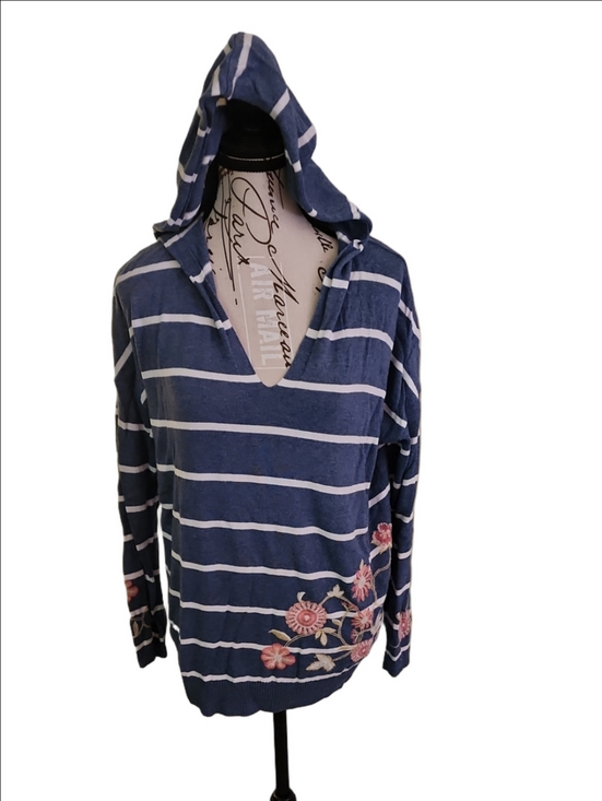 J. Jill Sweaters - J. Jill Blue and White Striped Hooded Knit Top size M